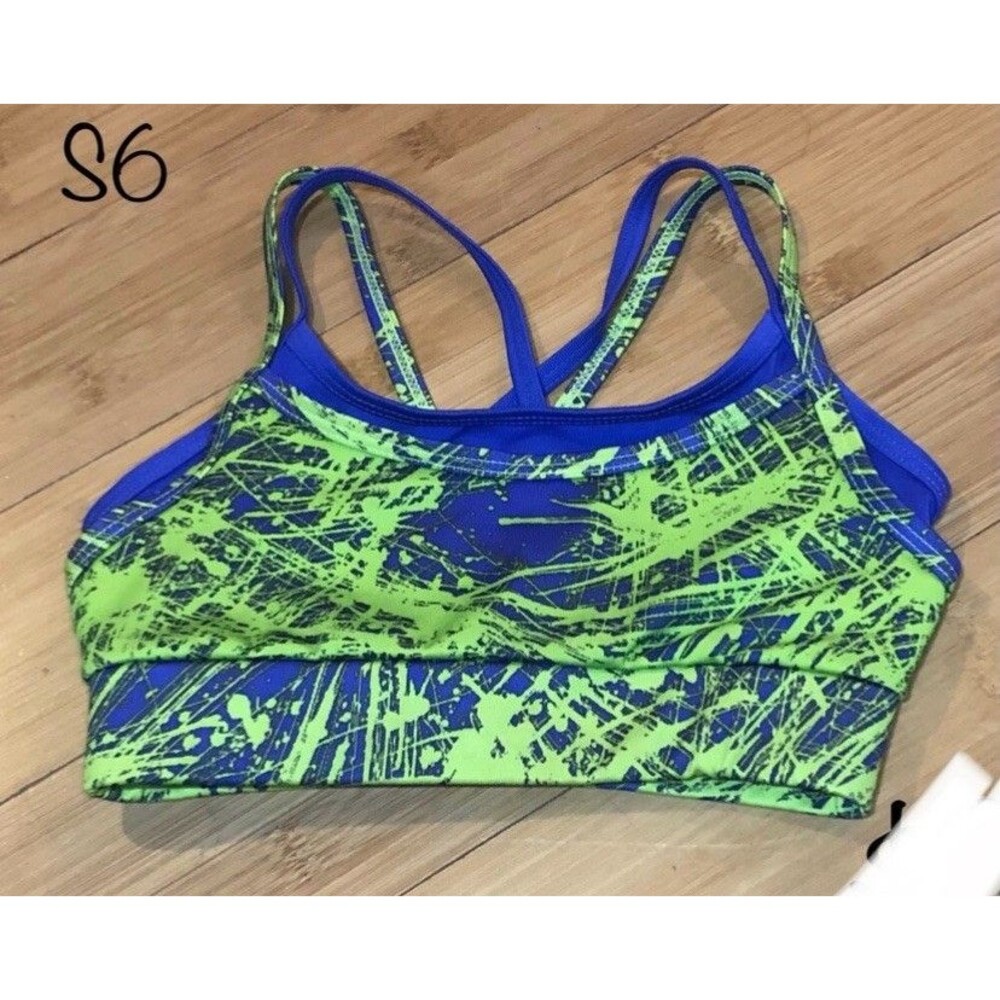 Avia Girls Sports Bra Size S 6–6X Purple Green Splatter Athletic Activewear